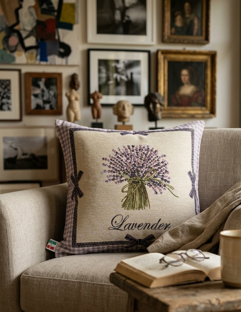 Dekoratives Kissen aus Lavendel-Jacquard. 