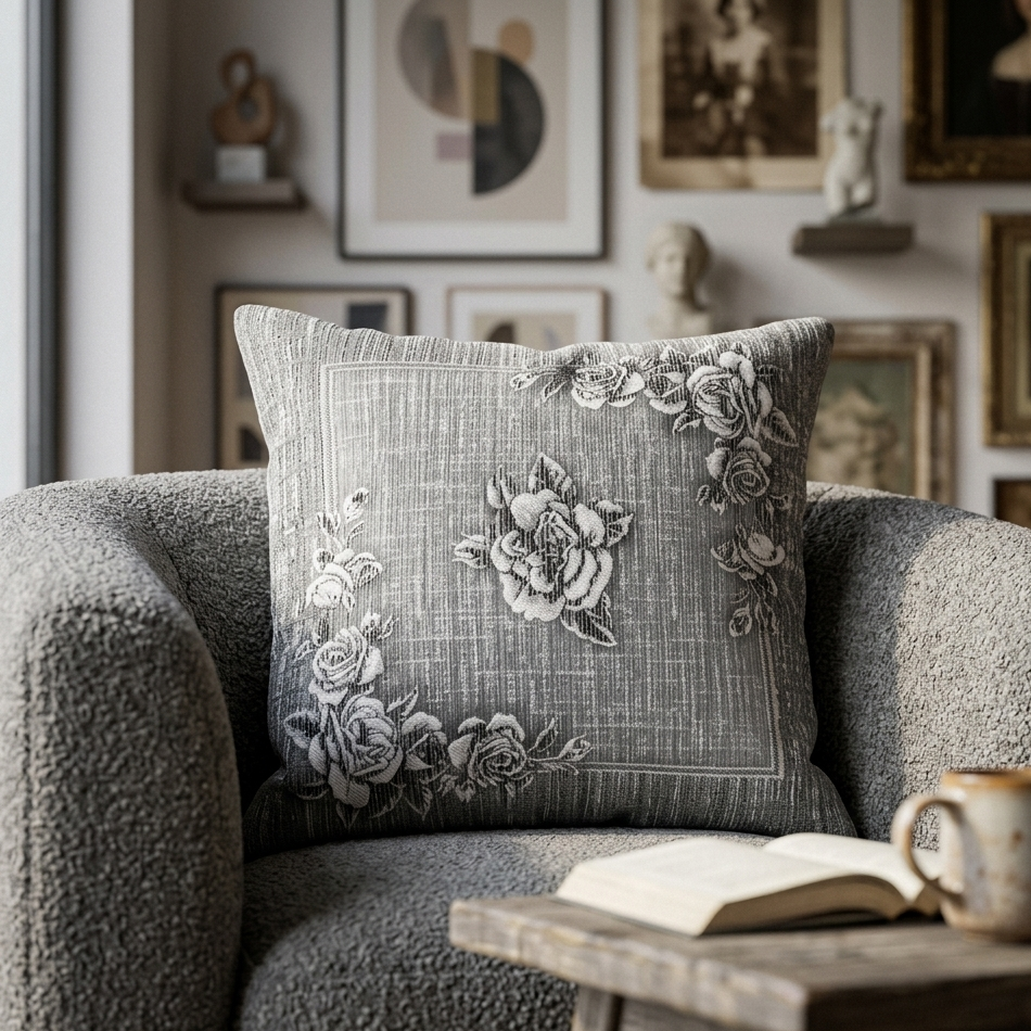 Cuscino d'arredo Rose su sfondo Boquet jacquards