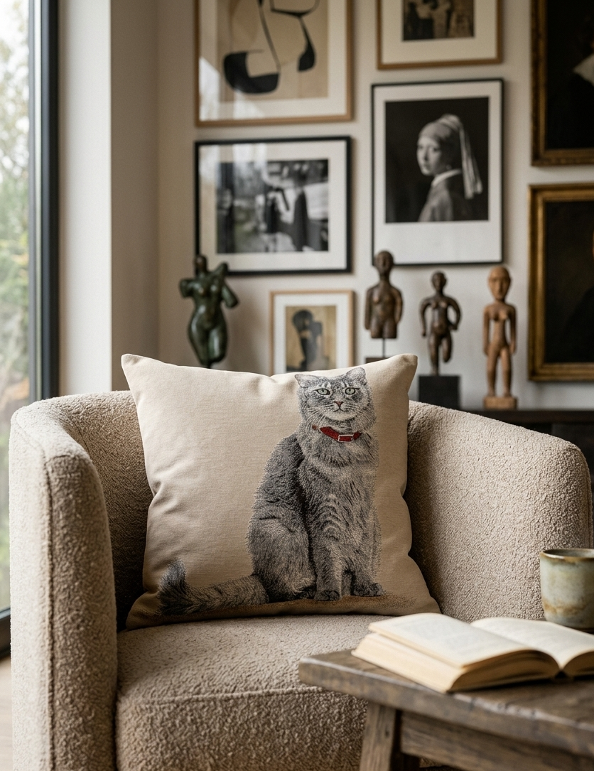 Cuscino d'arredo Gatto grigio jacquards