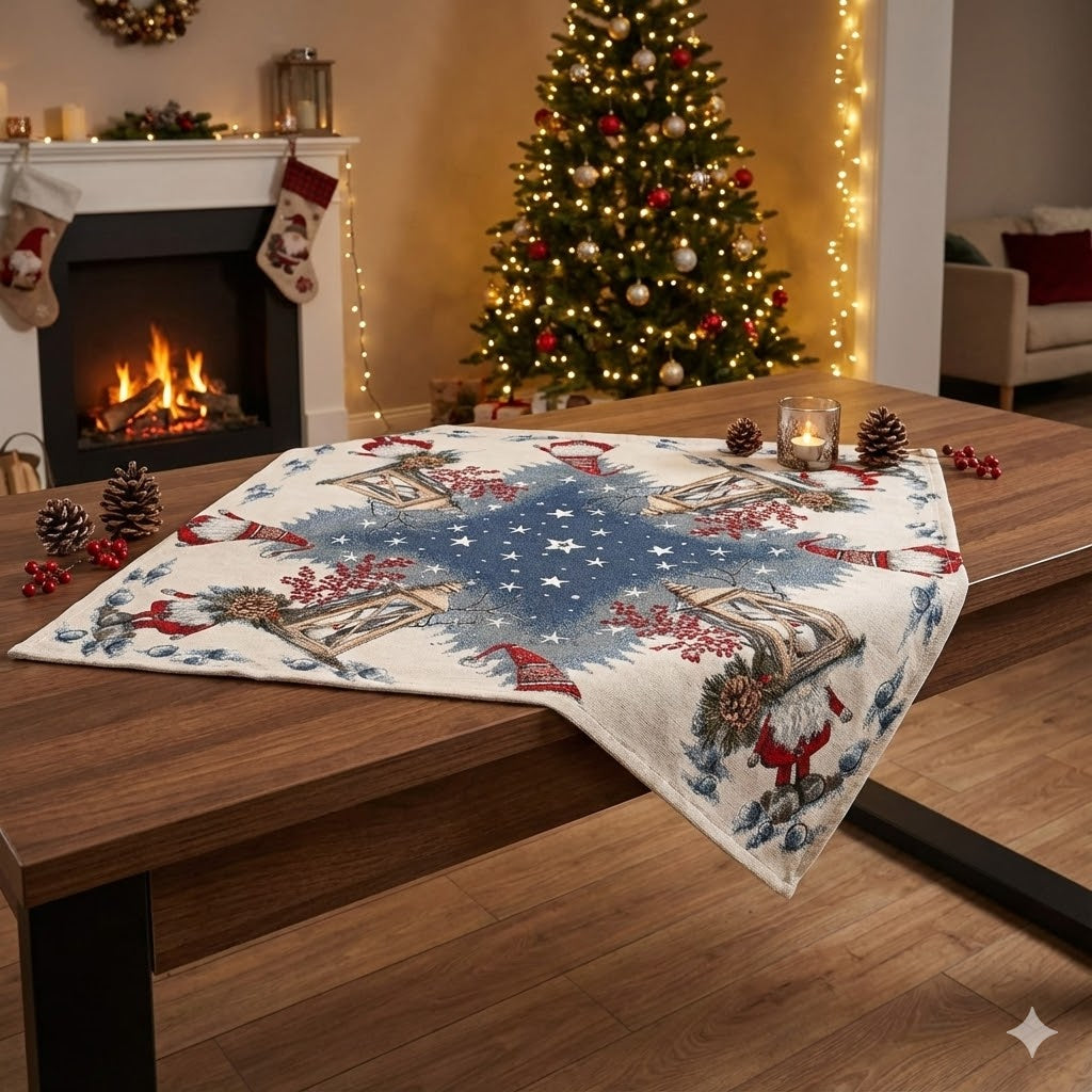 Centrotavola Natalizio 90×90 in Ciniglia – Arredo Tavola Gnomo Lanterna