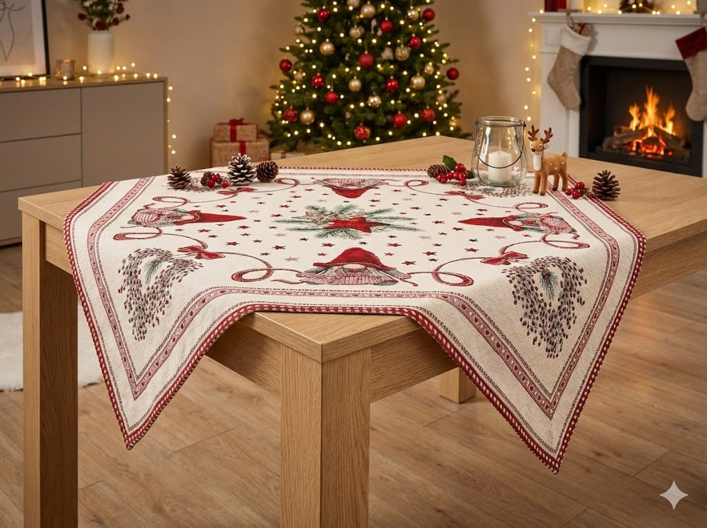 Centrotavola Natalizio 90×90 in Ciniglia – Arredo Tavola Elfo rosso