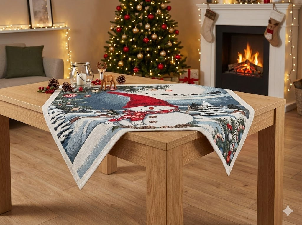 Centrotavola Natalizio 90×90 in Ciniglia – Arredo Tavolo Pupazzo di Neve.